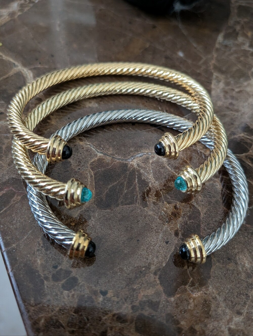 Classic Twisted Cable Cuff Bracelet with Gem-Style End Caps - Gold & Silver
